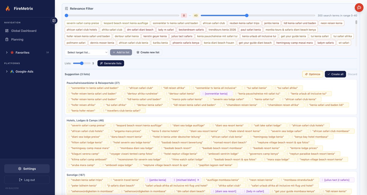 Firemetrix Relevance Filter — Suchbegriffe gefiltert nach Relevanz-Score mit automatisch generierten Keyword-Listen-Vorschlägen